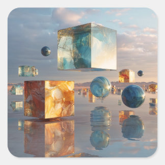 Adesivo Quadrado Surreal Floating Cubes And Spheres