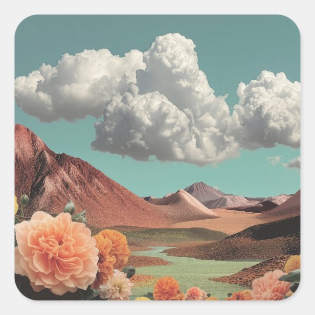 Adesivo Quadrado Surreal Floral Mountainscape With Dramatic Clouds (Frente)