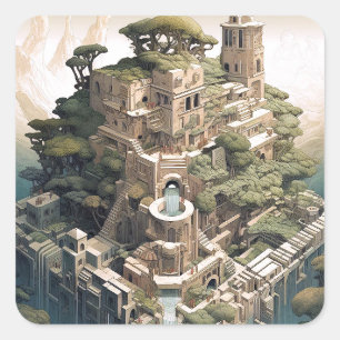 Adesivo Quadrado Surreal Geométrico Paisagem Fantasia Art
