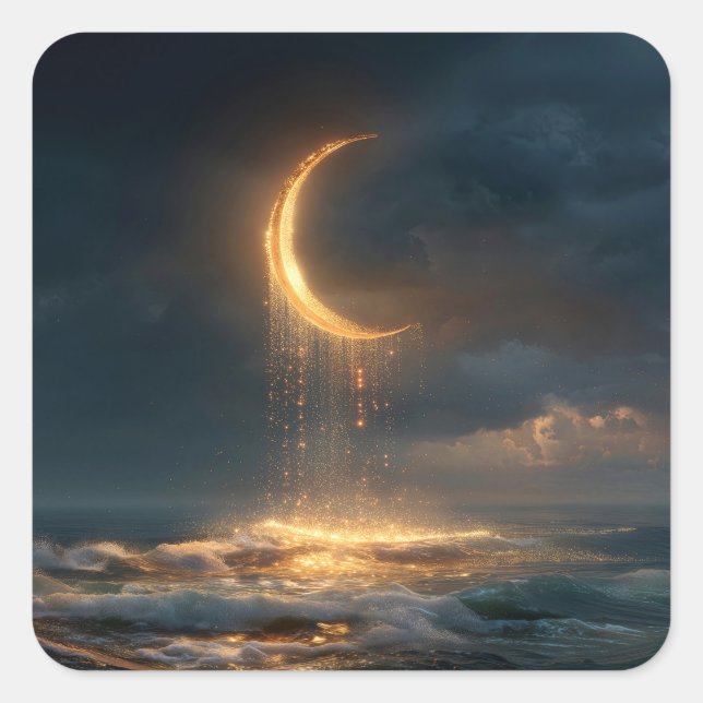 Adesivo Quadrado Surreal Golden Crescent Moon Above Ocean (Frente)