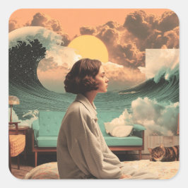 Adesivo Quadrado Surreal Interior With Woman and Cat