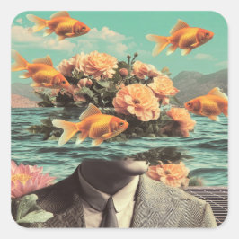 Adesivo Quadrado Surreal Portrait With Goldfish Flowers And Ocean