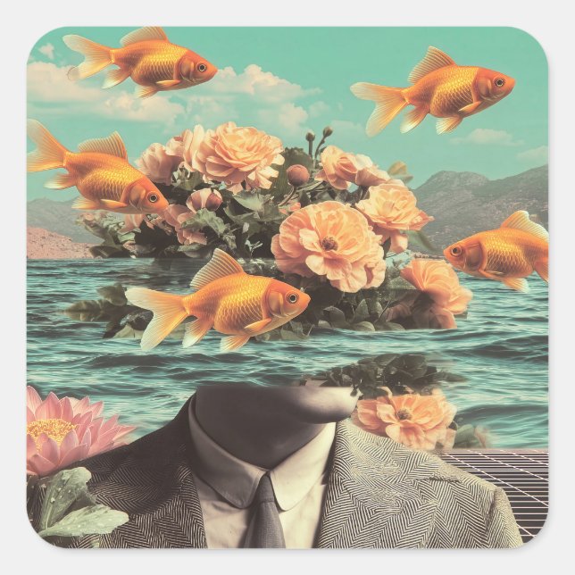 Adesivo Quadrado Surreal Portrait With Goldfish Flowers And Ocean (Frente)
