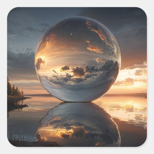 Adesivo Quadrado Surreal Reflective Sphere With Sunset Clouds Over  (Frente)