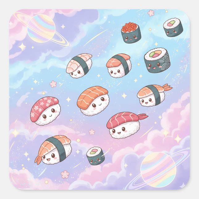 Adesivo Quadrado Sushi Flying in Pastel Galaxy Sky (Frente)