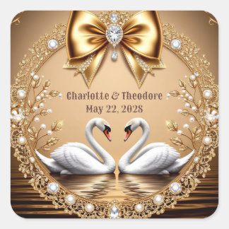 Adesivo Quadrado 💎 Swan Wedding Gold Romantic Theme 🦢