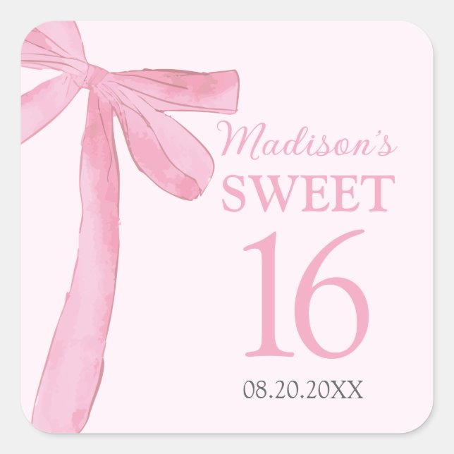 Adesivo Quadrado Sweet 16 Birthday Coquette Pink Bow Personalized  (Frente)