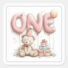 Adesivo Quadrado Sweet First Birthday Sticker with Teddy Bear 