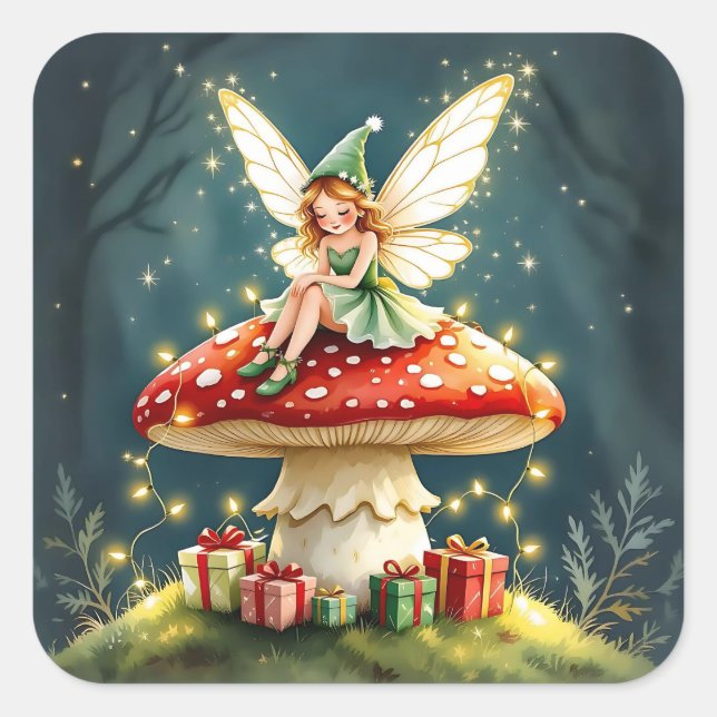 Adesivo Quadrado Sweet Little Christmas Fairy on Mushroom (Frente)