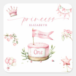 Adesivo Quadrado Sweet Little Princess Pink Cake 1st Birthday