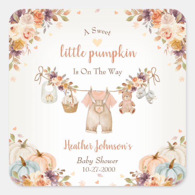 Adesivo Quadrado Sweet Little Pumpkin Autumn Baby Shower (Frente)