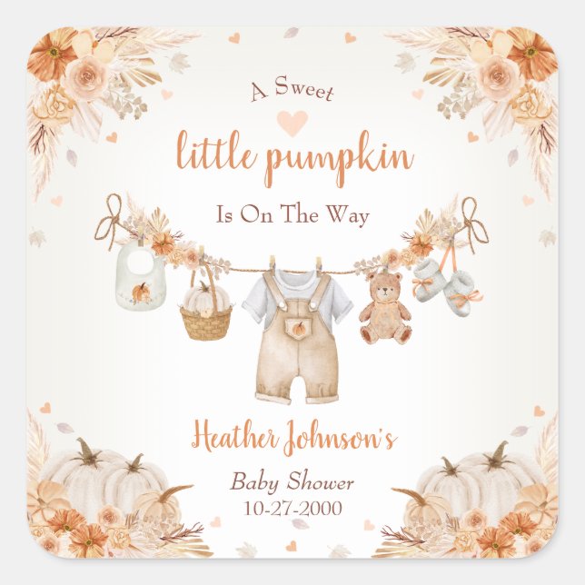 Adesivo Quadrado Sweet Little Pumpkin Autumn Baby Shower (Frente)