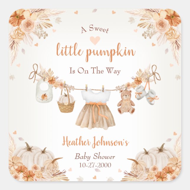 Adesivo Quadrado Sweet Little Pumpkin Autumn Baby Shower (Frente)