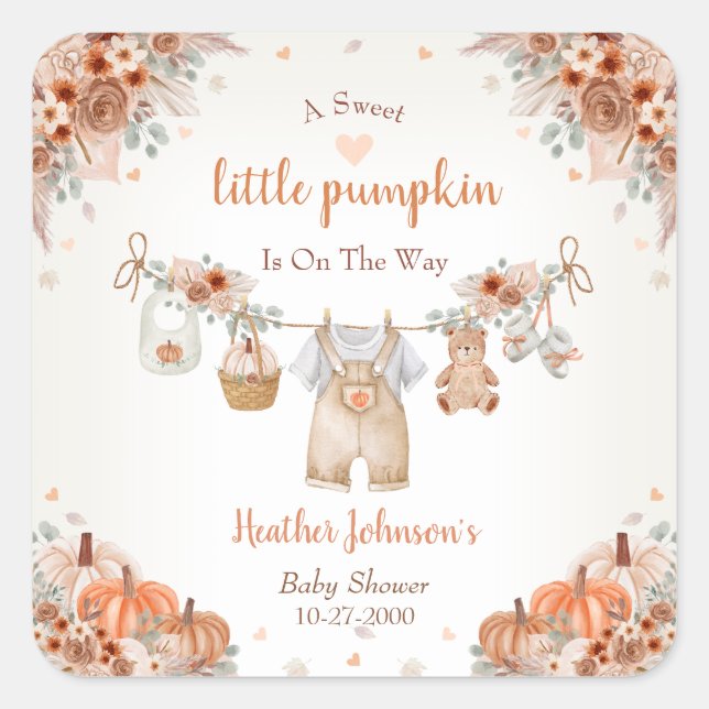 Adesivo Quadrado Sweet Little Pumpkin Autumn Baby Shower (Frente)