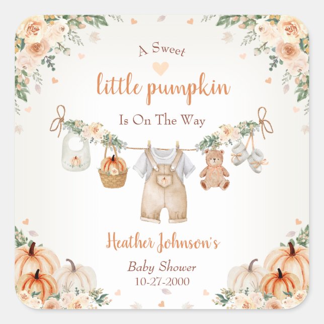 Adesivo Quadrado Sweet Little Pumpkin Autumn Baby Shower (Frente)