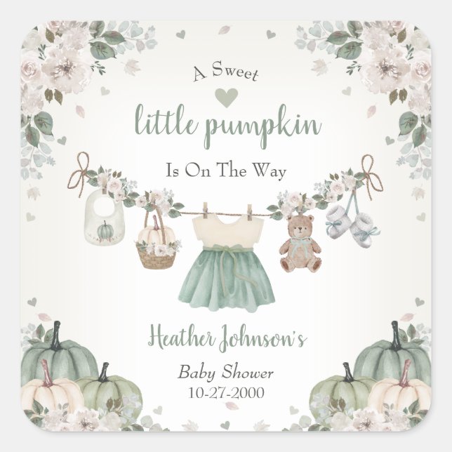 Adesivo Quadrado Sweet Little Pumpkin Autumn Baby Shower (Frente)