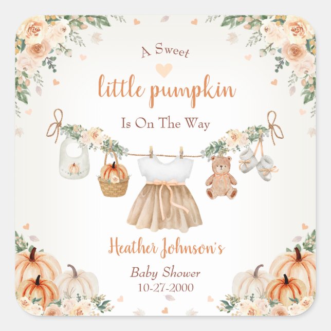 Adesivo Quadrado Sweet Little Pumpkin Autumn Baby Shower (Frente)