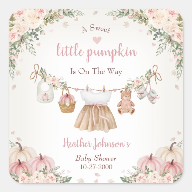 Adesivo Quadrado Sweet Little Pumpkin Autumn Baby Shower (Frente)