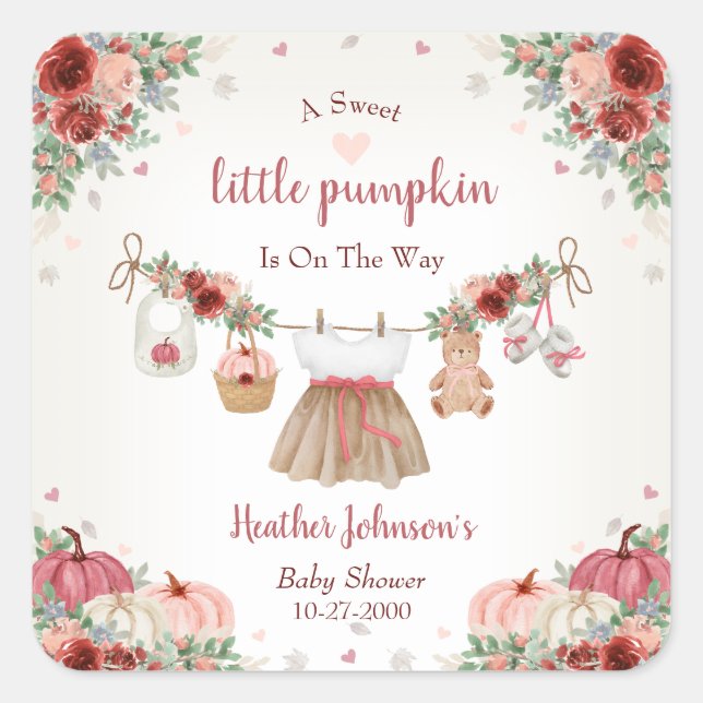 Adesivo Quadrado Sweet Little Pumpkin Autumn Baby Shower (Frente)