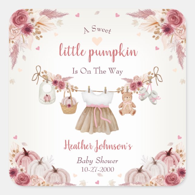 Adesivo Quadrado Sweet Little Pumpkin Autumn Baby Shower  (Frente)