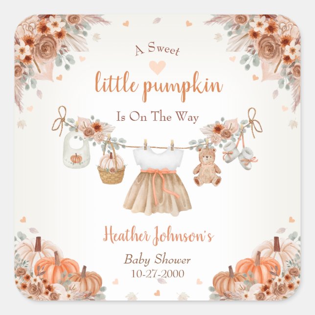 Adesivo Quadrado Sweet Little Pumpkin Autumn Baby Shower  (Frente)