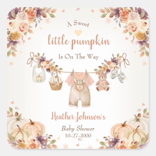 Adesivo Quadrado Sweet Little Pumpkin Autumn Baby Shower (Frente)