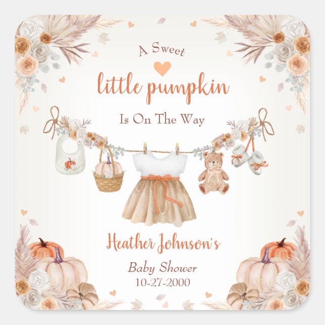 Adesivo Quadrado Sweet Little Pumpkin Autumn Baby Shower  (Frente)