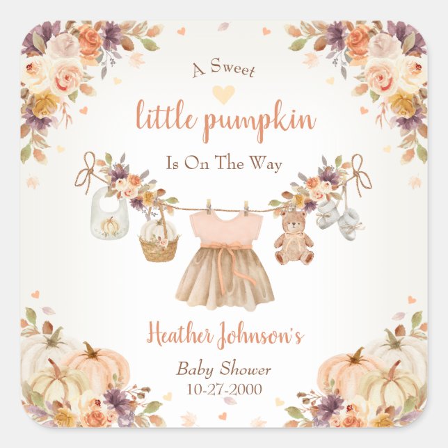 Adesivo Quadrado Sweet Little Pumpkin Autumn Baby Shower (Frente)