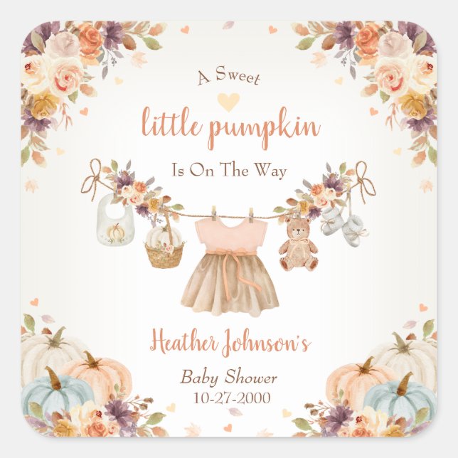 Adesivo Quadrado Sweet Little Pumpkin Autumn Baby Shower (Frente)