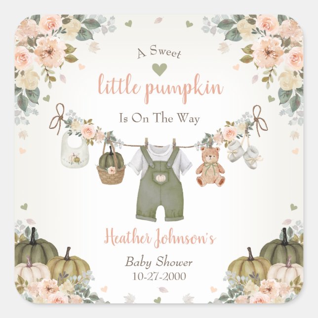 Adesivo Quadrado Sweet Little Pumpkin Autumn Baby Shower (Frente)