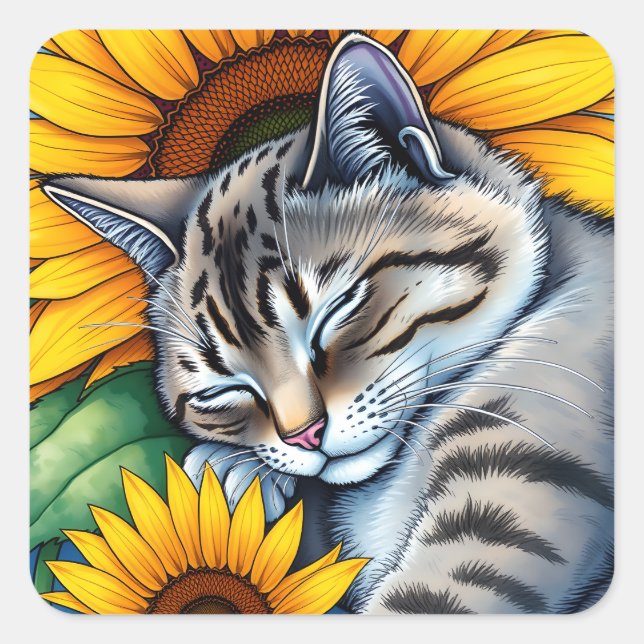 Adesivo Quadrado Sweet Napping Gray Cat and Sunflower (Frente)