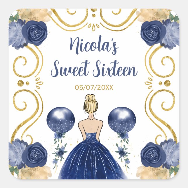 Adesivo Quadrado Sweet Sixteen Blonde Princess in Navy Blue (Frente)
