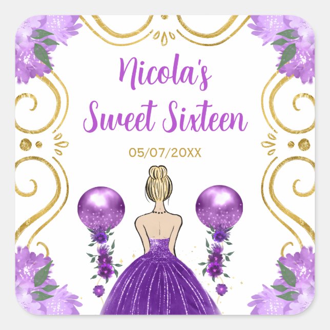 Adesivo Quadrado Sweet Sixteen Blonde Princess in Purple (Frente)
