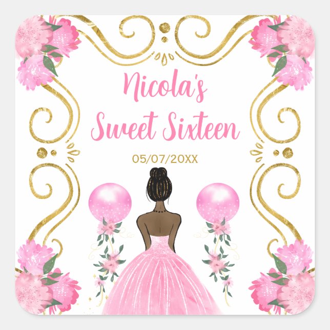 Adesivo Quadrado Sweet Sixteen Dark Skin Princess in Pink (Frente)