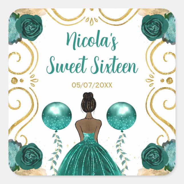 Adesivo Quadrado Sweet Sixteen Dark Skin Princess in Teal (Frente)