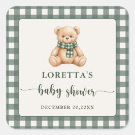 Adesivo Quadrado Sweet Teddy Bear Green Plaid Baby Shower Favor