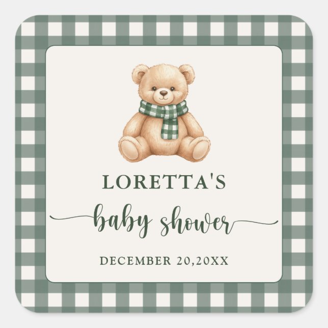 Adesivo Quadrado Sweet Teddy Bear Green Plaid Baby Shower Favor (Frente)