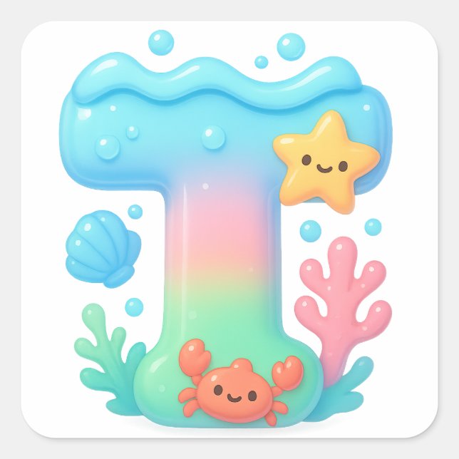 Adesivo Quadrado "T" Cute Letter - Underwater Sea Creature  (Frente)