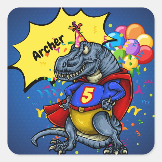 Adesivo Quadrado T-Rex 5 de Super-Herói Aniversário (Frente)