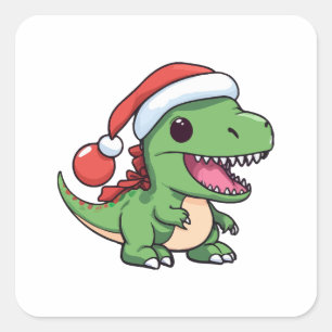 Adesivo Quadrado T-Rex Dinossauro Kawaii em Chapéu de Natal