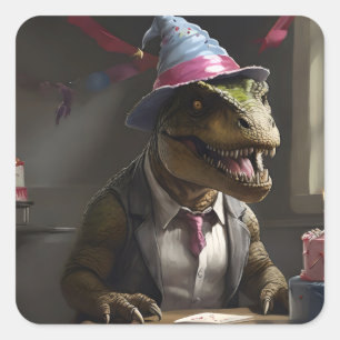 Adesivo Quadrado T-rex no chapéu de aniversário