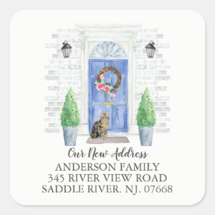 Adesivo Quadrado Tabby Cat Blue Door New Address Label Sticker
