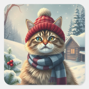 Adesivo Quadrado Tabby Cat em Preppy Winter Attyre and Hat Winter