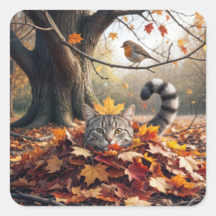 Adesivo Quadrado Tabby Cat em uma pilha de Folhas de outono