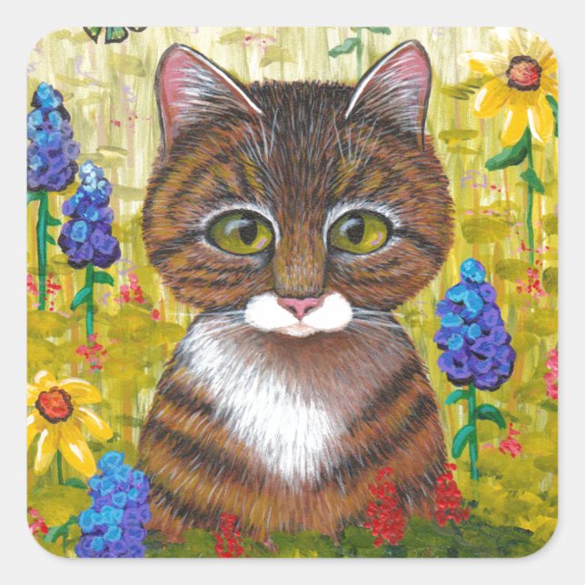 Adesivo Quadrado Tabby Cat Flowers Forrageiras (Frente)