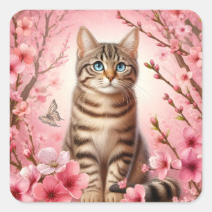Adesivo Quadrado Tabby Cat Japonês Cherry Blossom Flower Kitten