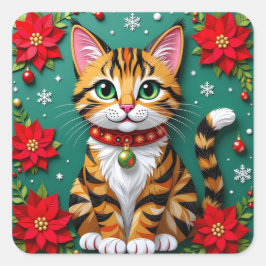 Adesivo Quadrado Tabby Cat, Poinsettias and Snowflakes Christmas