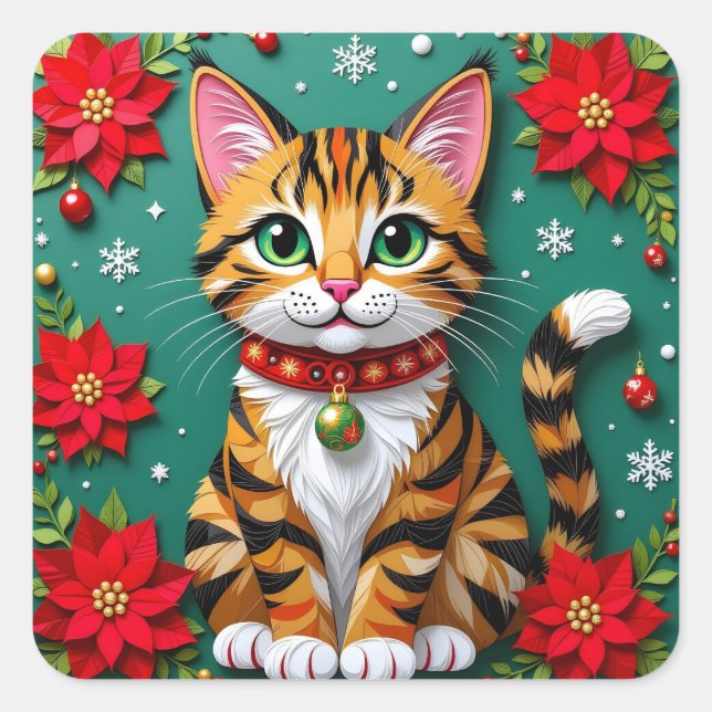 Adesivo Quadrado Tabby Cat, Poinsettias and Snowflakes Christmas (Frente)