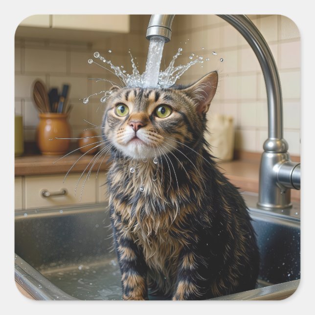 Adesivo Quadrado Tabby Cat Under a Kitchen Faucet (Frente)