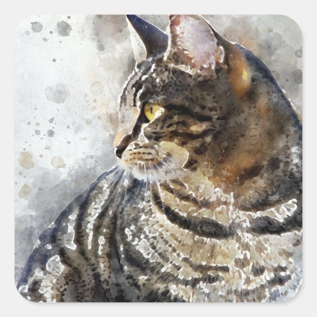 Adesivo Quadrado Tabby Grito Cat Watercolor Art (Frente)